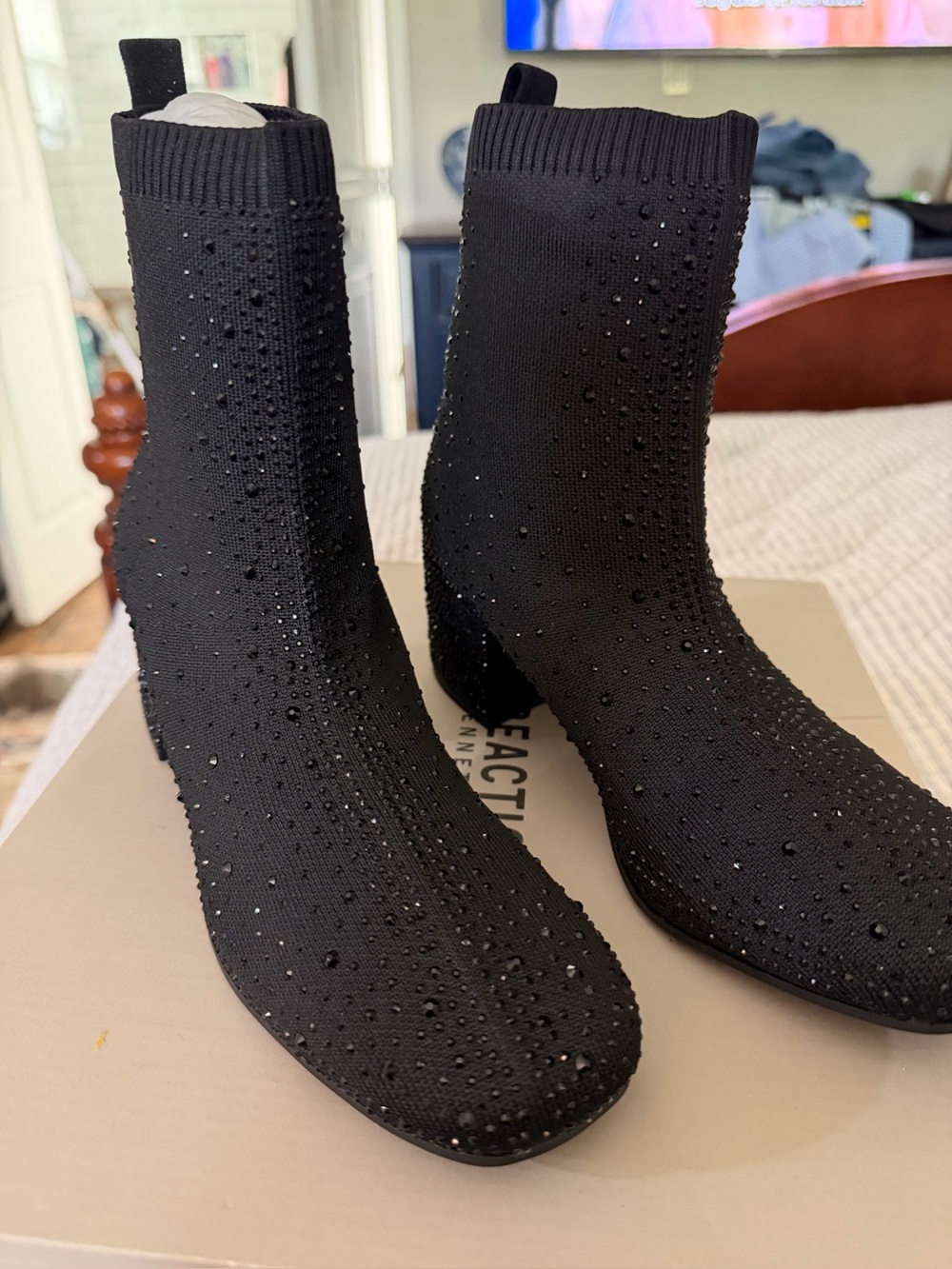 Kenneth Cole Reaction Black Rhinestone Knit Sock Booties new in Box Size 6.5